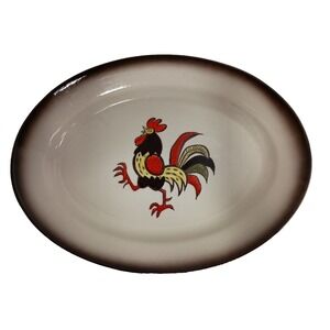 VTG Poppytrail By Metlox Large Oval Red Rooster Serving Platter W/ Brown Border